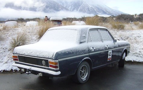 Cortina Mk II lurking in the snow at Mt Cook