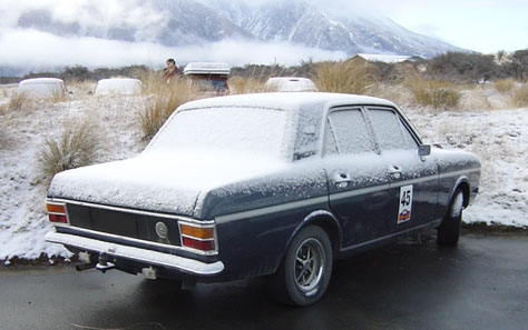 Cortina Mk II lurking in the snow at Mt Cook