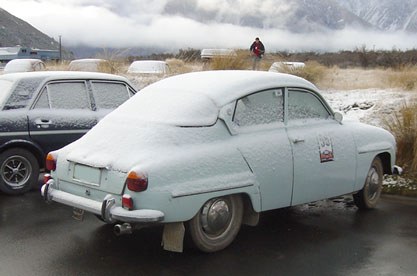 Saab 96 at Mt Cook in the snow