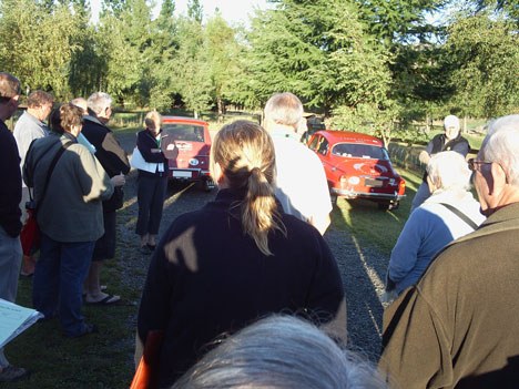 Saabs lined up at drivers' briefing Day 1, ready to go!