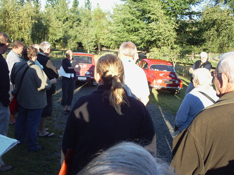 Saabs lined up at drivers' briefing Day 1, ready to go!
