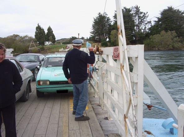 Peking to Paris car on Tuapeka ferry