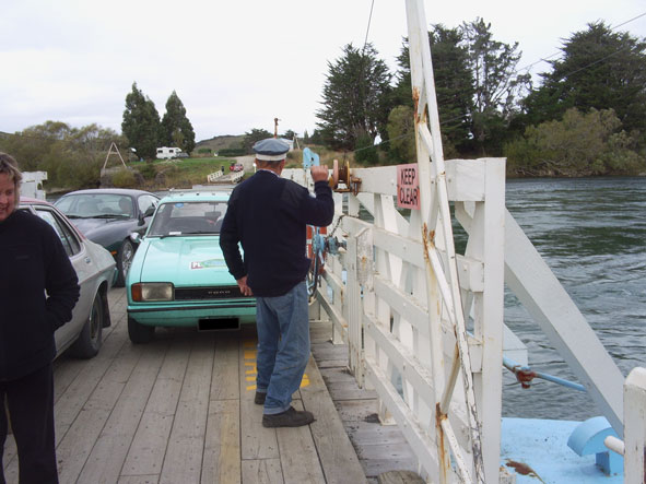 Peking to Paris car on Tuapeka ferry